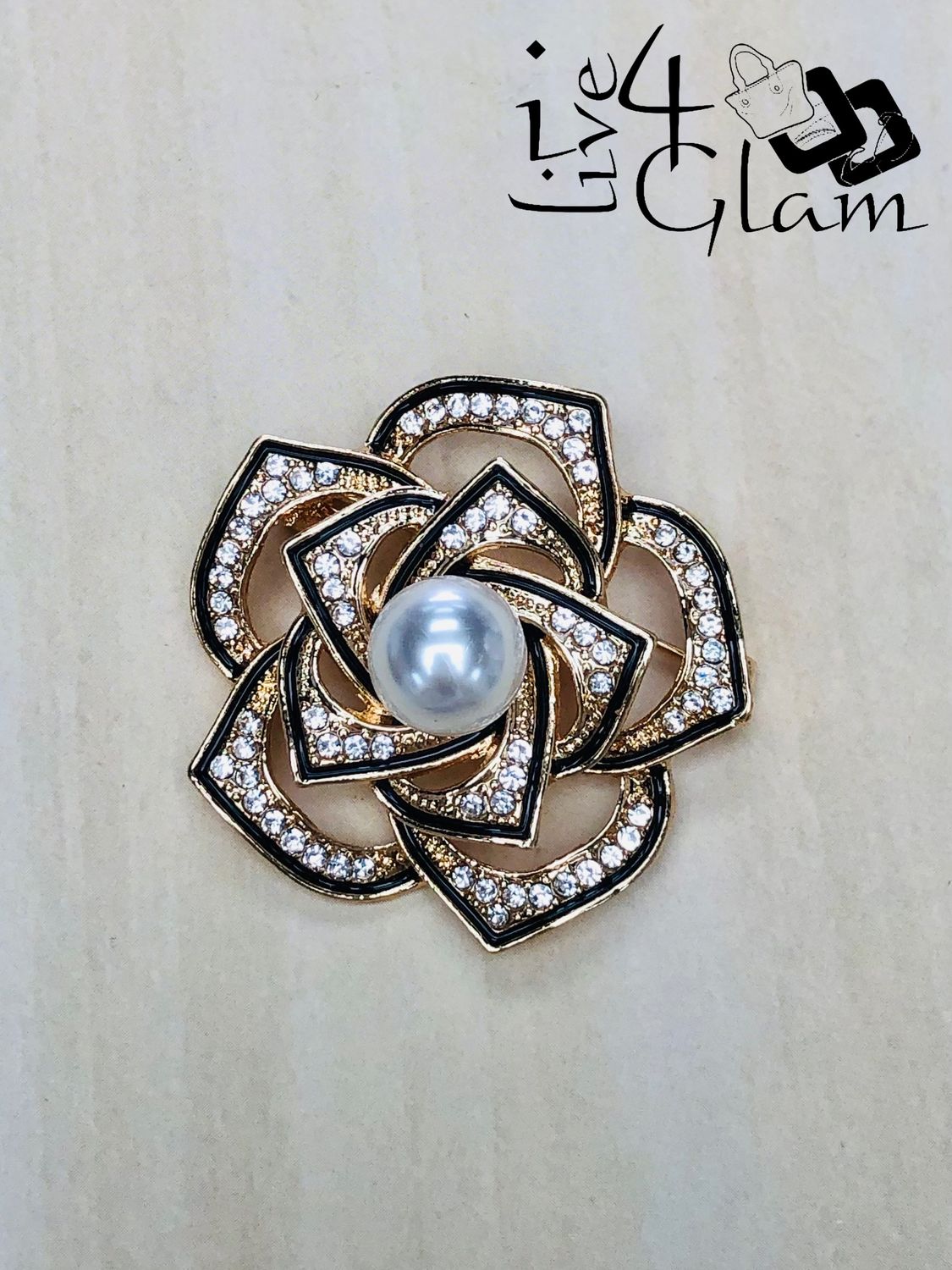 Gold Tone Rose Faux Pearl Broach