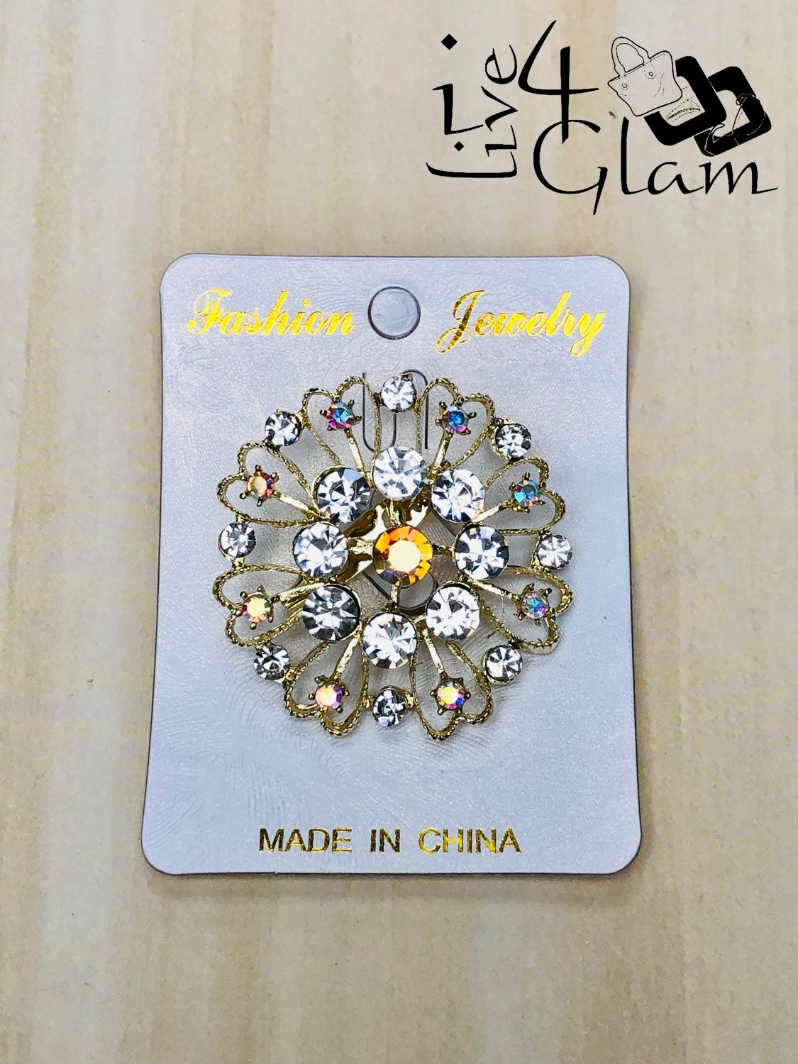 Gold Tone Round Clear Rhinestone Broach