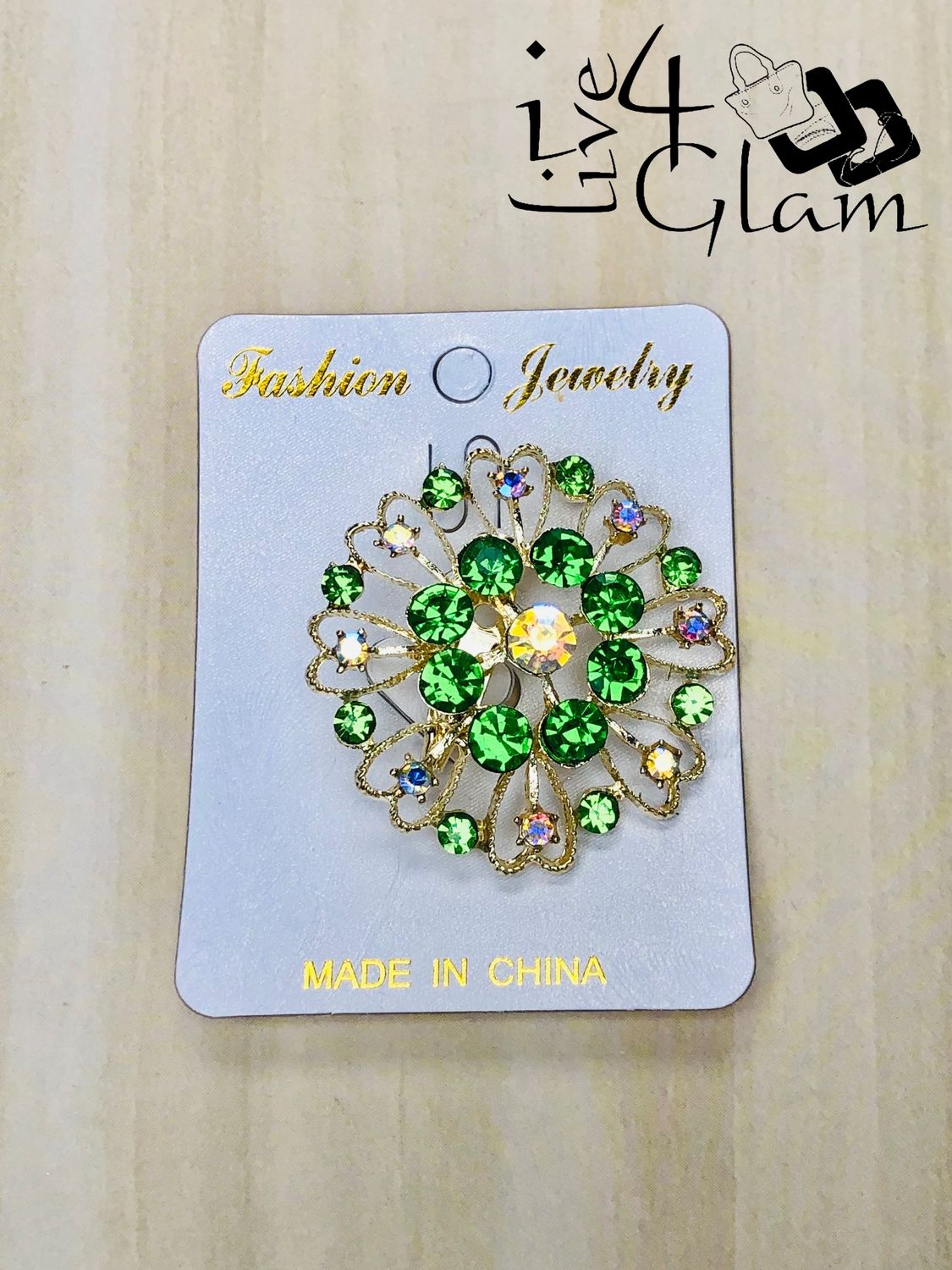 Gold Tone Round Green Rhinestone Broach