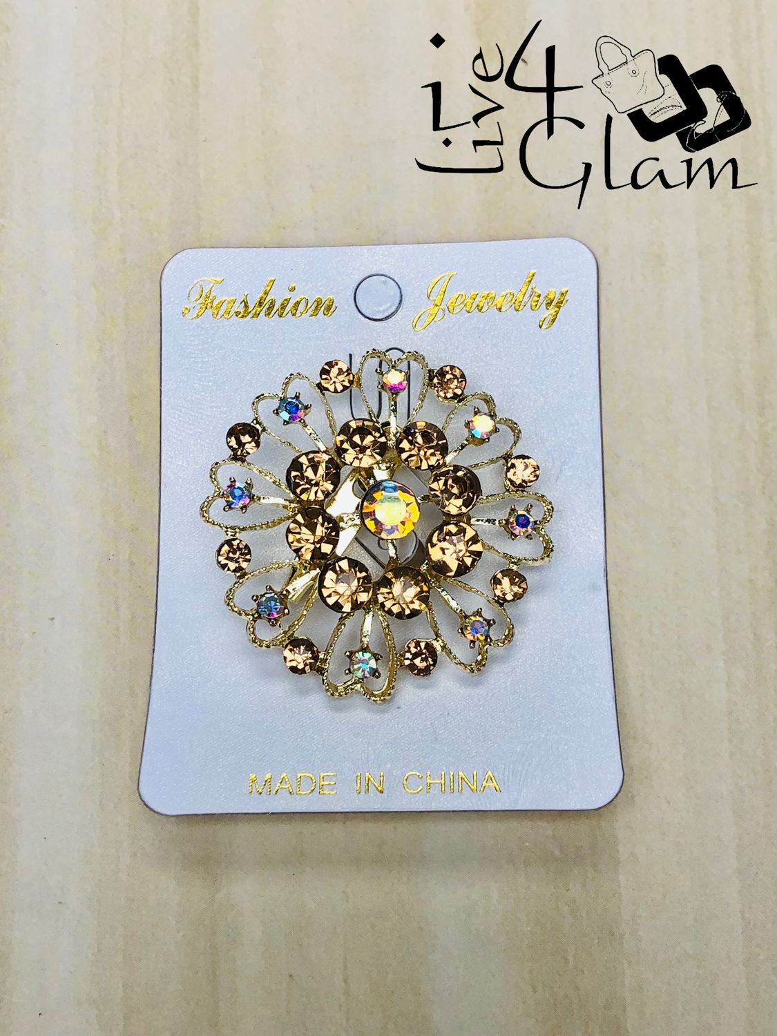 Gold Tone Round Brown Rhinestone Broach