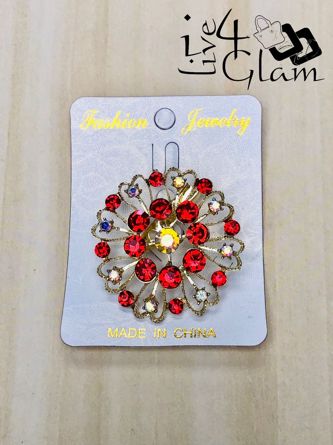 Gold Tone Round Red Rhinestone Broach