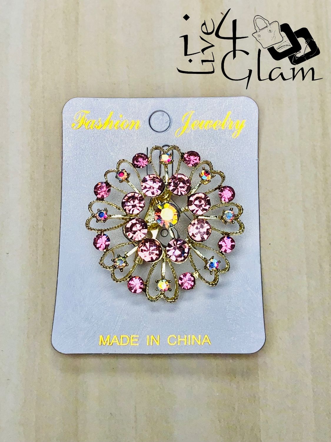 Gold Tone Round Pink Rhinestone Broach