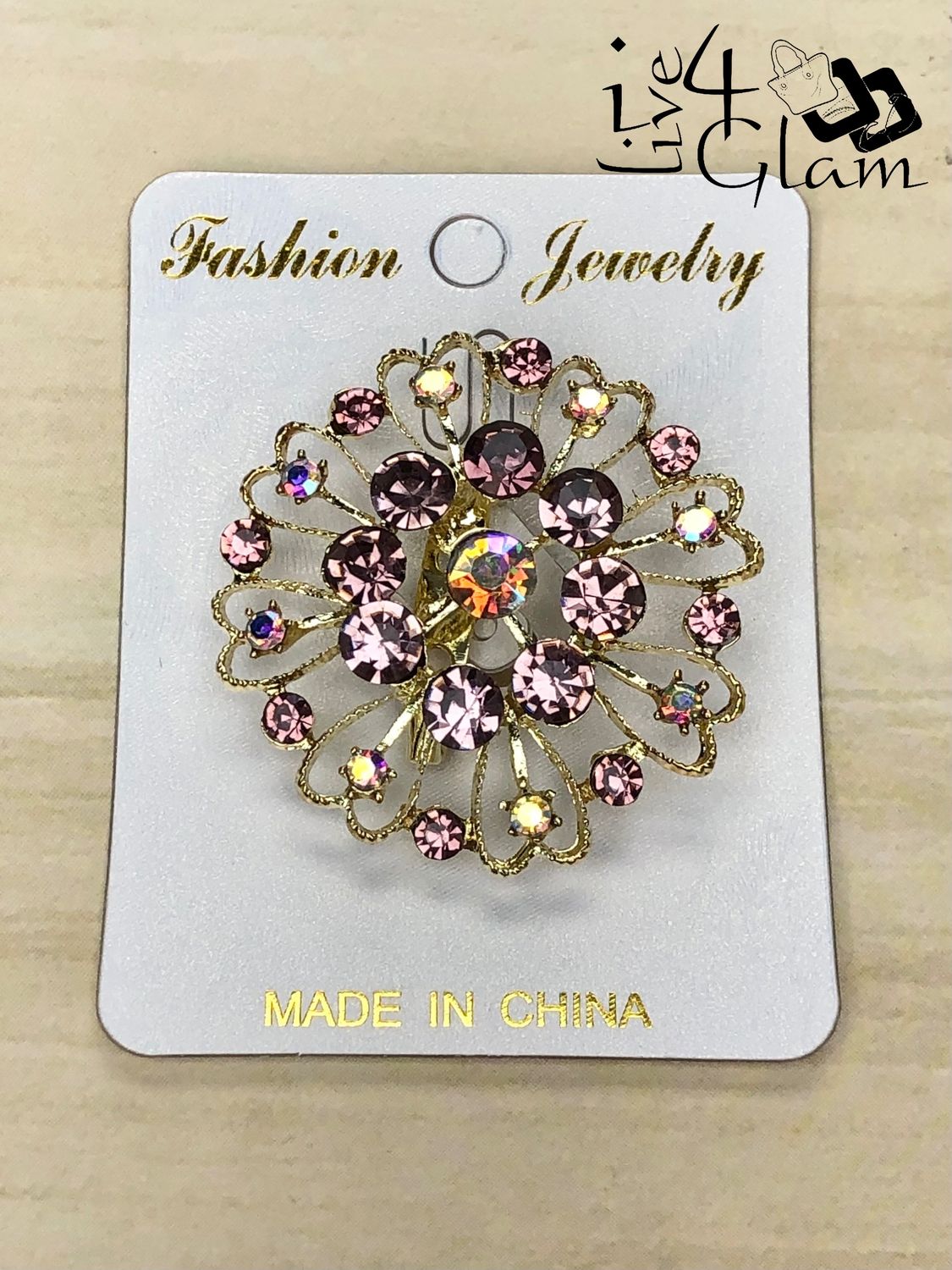 Gold Tone Round Dusty Pink Rhinestone Broach