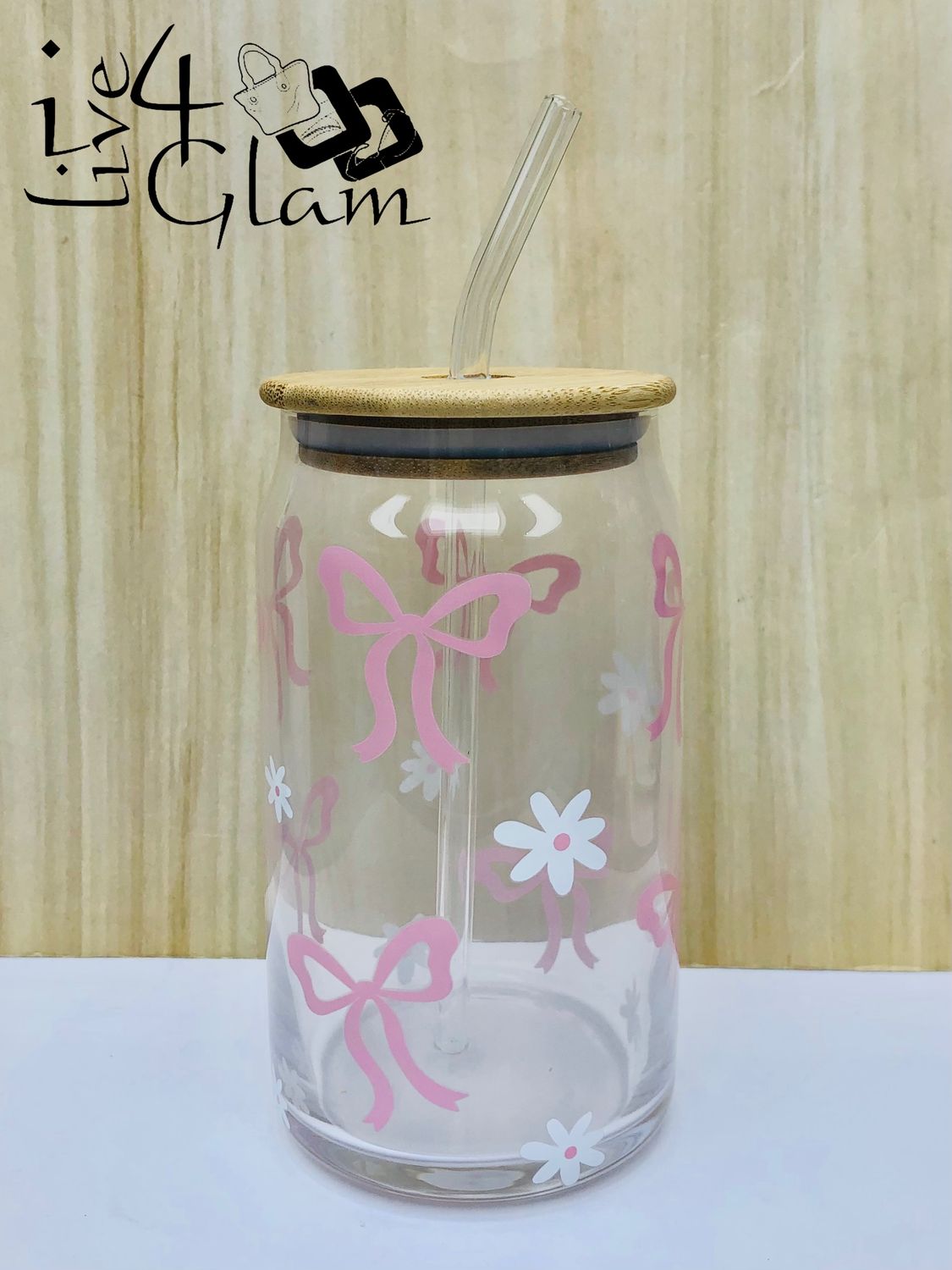 Pink Bow Glass Bamboo Lid Jar and Glass Straw