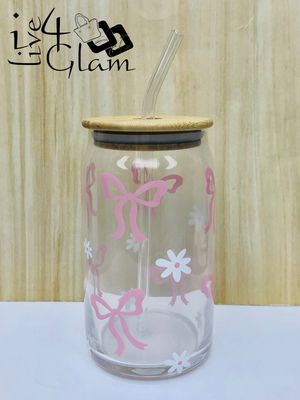 Pink Bow Glass Bamboo Lid Jar and Glass Straw