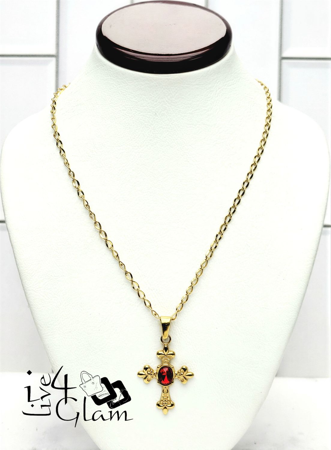 Stainless Steel Red Cz Cross Pendant and Chain
