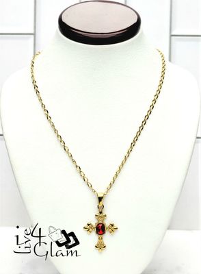Stainless Steel Red Cz Cross Pendant and Chain