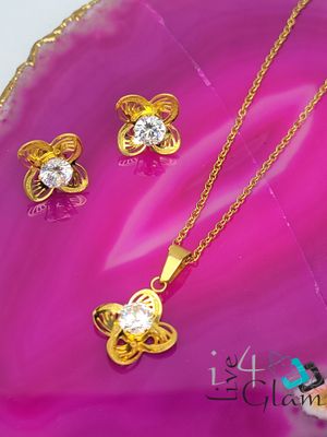 Stainless Steel Flower Cz Chain and Earring  Set