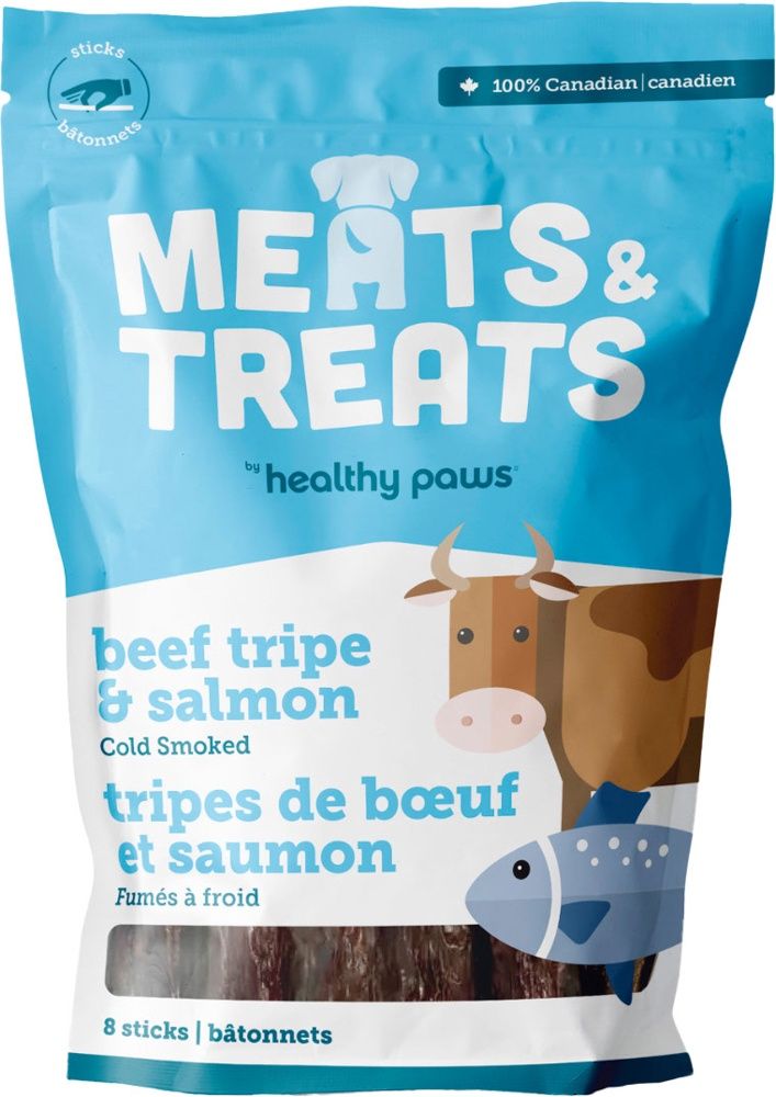 Healthy Paws Treats, Beef Tripe  &amp; Salmon Sticks / Boeuf tripe &amp; saumon,  8 bâtonnets