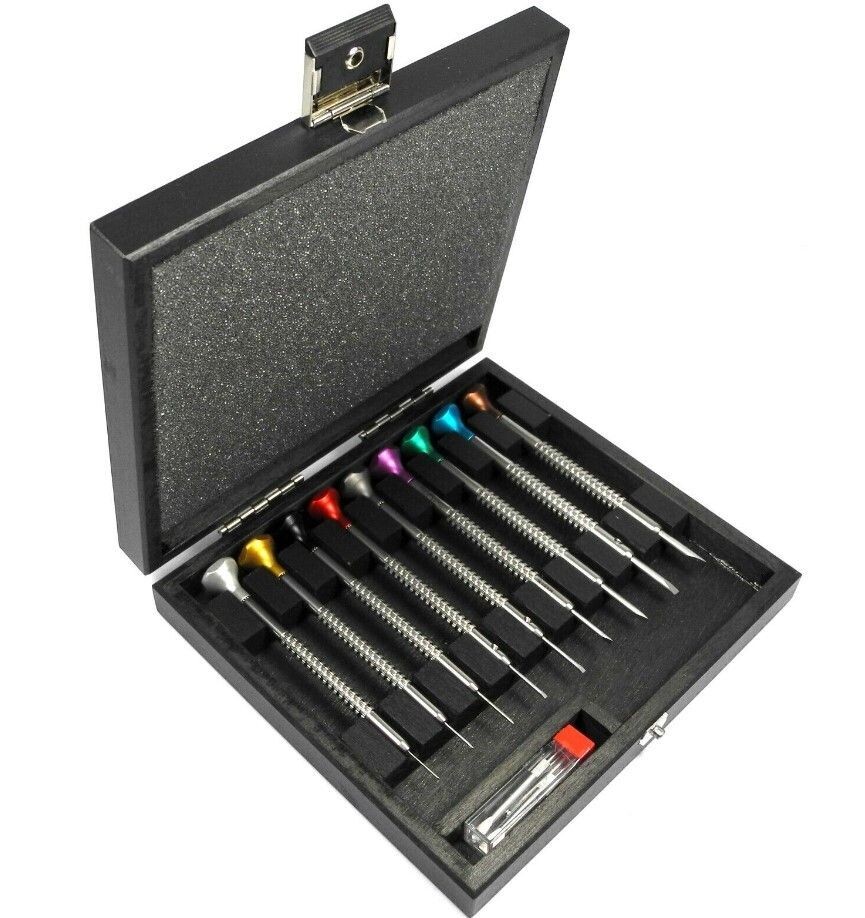 ASSORTIMENTO DI CACCIAVITI DA OROLOGIAIO IN ASTUCCIO LEGNO, 9 PEZZI + 9 PUNTE MSA01.215-x + 2 VITI MSA01.218-V