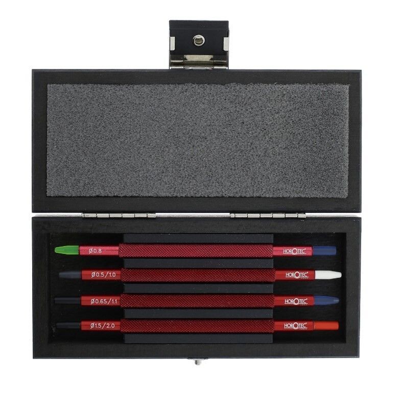 ASSORTIMENTO DI UTENSILI PER PIAZZARE LANCETTE CON PUNTALI IN DELRIN® IN COFANETTO DI LEGNO, 4 PEZZI
