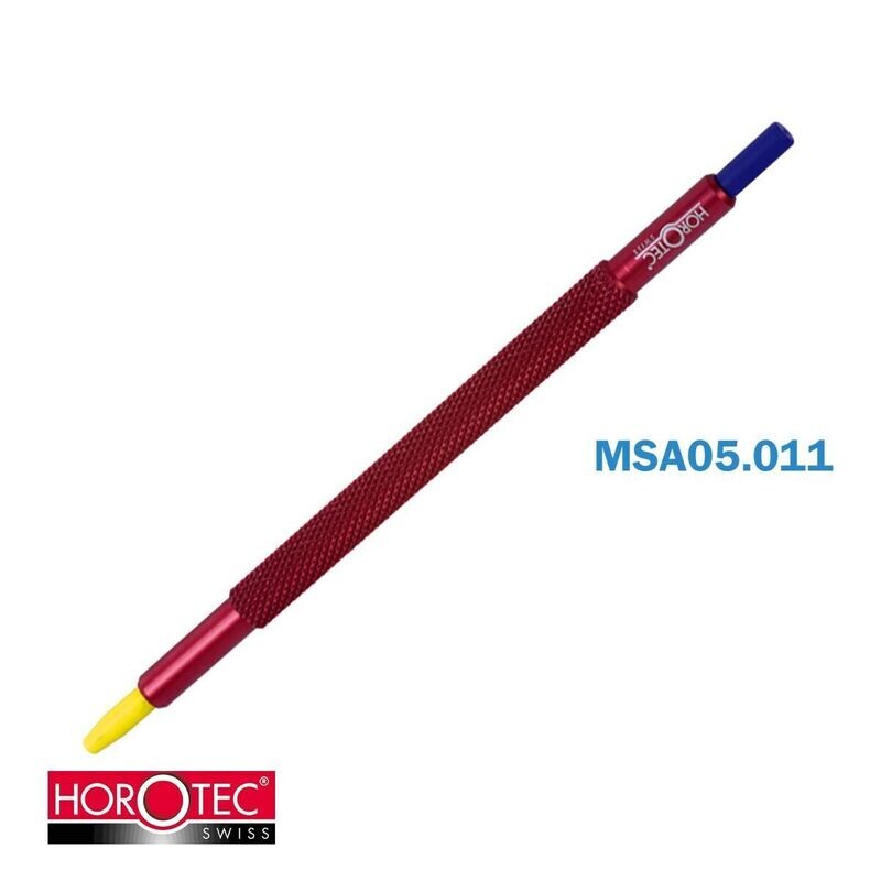 UTENSILE HOROTEC PER PIAZZARE LANCETTE CON PUNTALI IN DELRIN®, FORO Ø 0.80 MM GIALLO / SENZA FORO AZZURRO