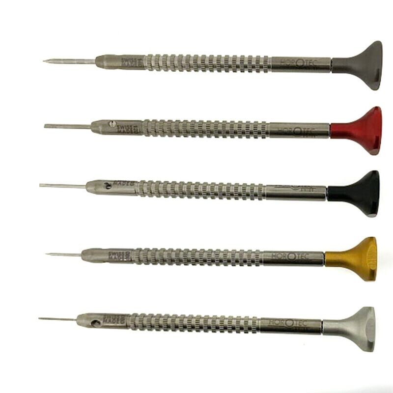 ASSORTIMENTO DI CACCIAVITI HOROTEC DA OROLOGIAIO IN TASCHINO DI PLASTICA, 5 PEZZI / Ø 0.60-0.80-1.00-1.20-1.40 mm