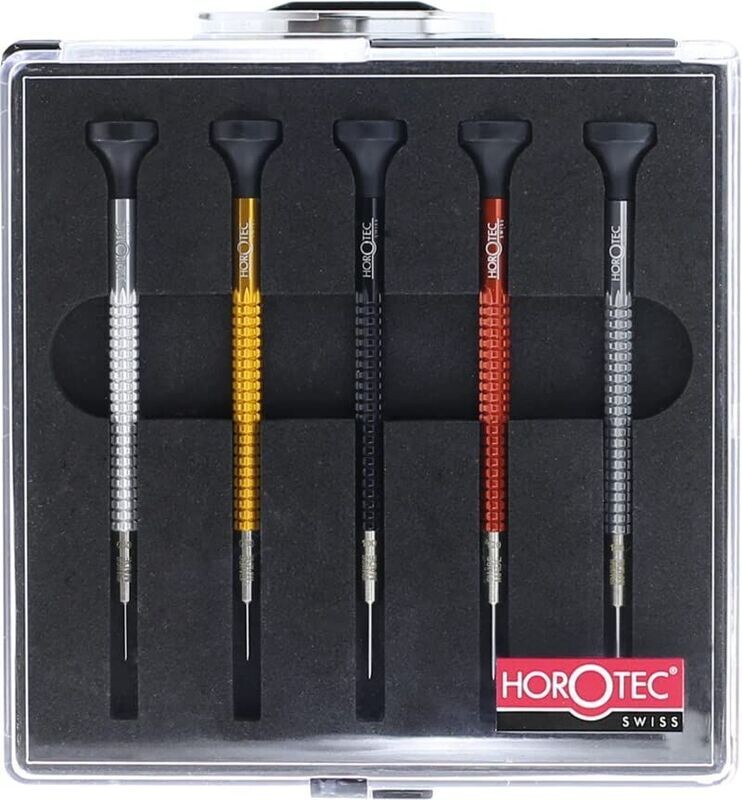 ASSORTIMENTO HOROTEC DI CACCIAVITI DA OROLOGIAIO MSA01.020-x IN SCATOLA DI PLASTICA, 5 PEZZI (0.60, 0.80, 1.00, 1.20 E 1.40 mm)