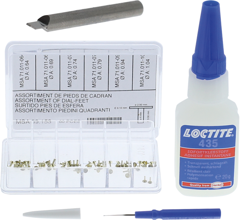 KIT HOROTEC PER PIEDINI DI QUADRANTE, 1 FRESA / 1 OLIATORE / 1 COLLA LOCTITE / 1 ASSORTIMENTO DI PIEDINI DI QUADRANTE