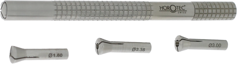 PERNO ZIGRINATO IN ACCIAIO, MANICO Ø 8.00 mm / CONSEGNATO CON 4 PINZE DI SERRAGGIO TIPO P 4.5 Ø 1.00 - 1.60 - 2.35 - 3.00 mm E PERNO IN ACCIAIO TEMPRATO, L40 X Ø 2.5 mm PERNO ZIGRINATO IN ACCIAIO, MANICO Ø 8.00 mm / CONSEGNATO CON 4 PINZE DI SERRAGGIO TIPO P 4.5 Ø 1.00 - 1.60 - 2.35 - 3.00 mm E PERNO IN ACCIAIO TEMPRATO, L40 X Ø 2.5 mm