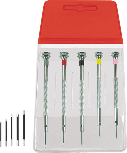 ASSORTIMENTO DI CACCIAVITI CLASSICI MSA01.101-x IN TASCHINO DI PLASTICA, 5 PEZZI + PUNTE / Ø 0.60-0.80-1.00-1.20-1.40 mm