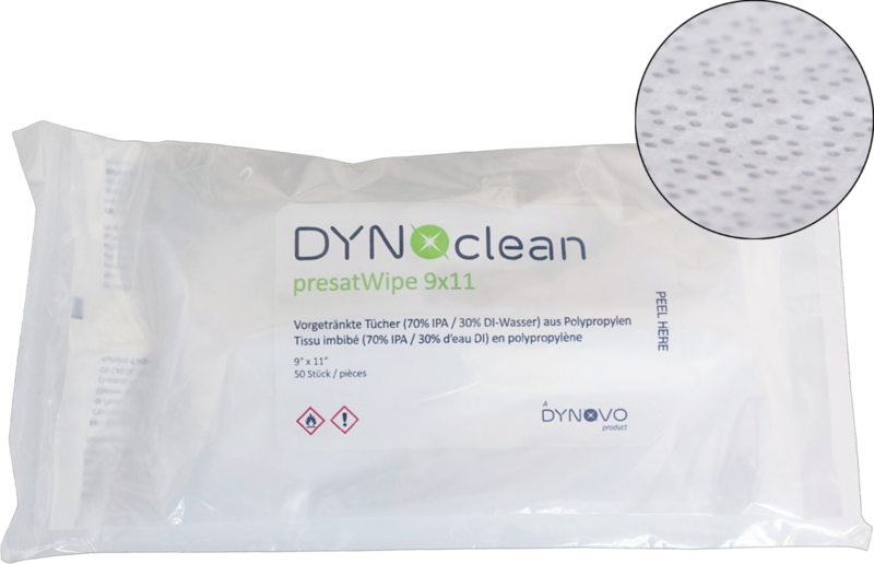 SALVIETTINA DI PULIZIA PREIMPREGNATA DYNOCLEAN PRESATWIPE IN 100% POLIPROPILENE, 23 x 28 cm / BUSTINA 50 PEZZI
