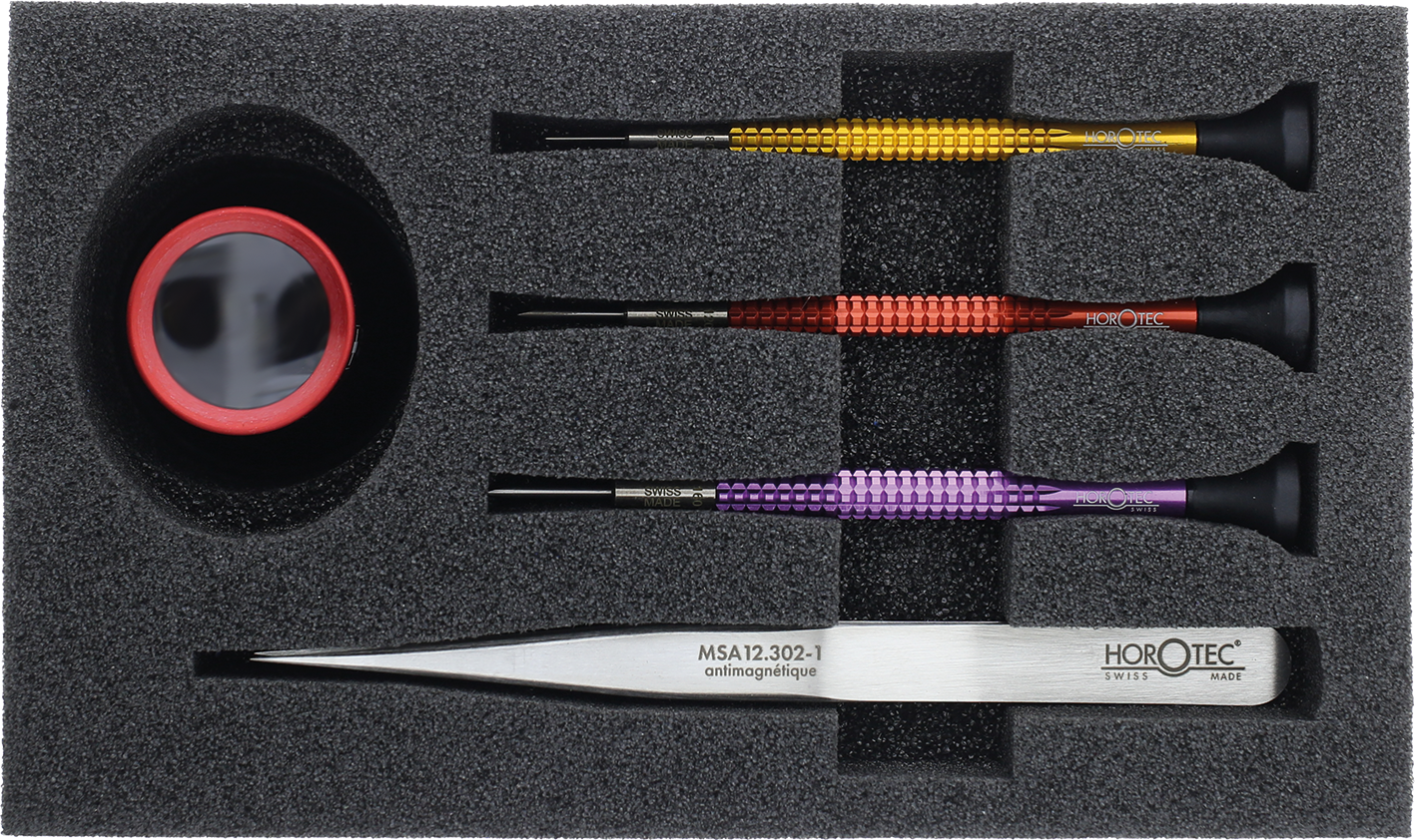 SET DI UTENSILI CON 3 CACCIAVITI IN ALLUMINIO, 1 MONOCOLO IN PLASTICA NERA E  1 PINZETTA ANTIMAGNETICA N.1 SET DI UTENSILI CON 3 CACCIAVITI IN ALLUMINIO, 1 MONOCOLO IN PLASTICA NERA E  1 PINZETTA ANTIMAGNETICA N.1