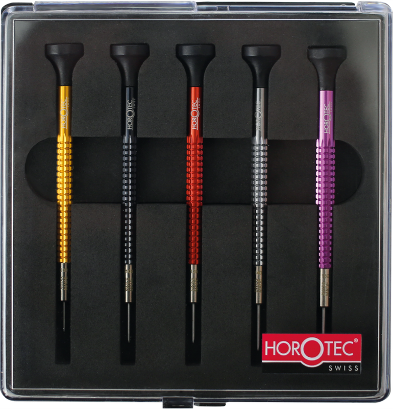 ASSORTIMENTO DI CACCIAVITI DA OROLOGIAIO MSA01.020-x IN SCATOLA DI PLASTICA, 5 PEZZI (0.80, 1.00, 1.20, 1.40 ET 1.60 mm)