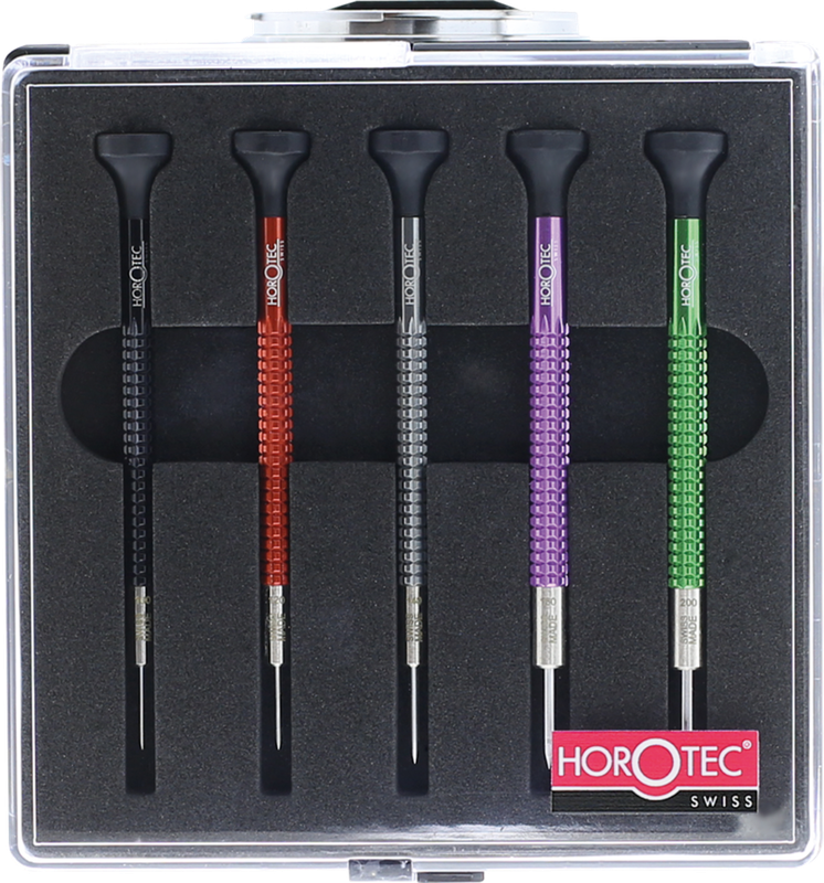 ASSORTIMENTO HOROTEC DI CACCIAVITI DA OROLOGIAIO MSA01.020-x IN SCATOLA DI PLASTICA, 5 PEZZI (1.00, 1.20, 1.40, 1.60 ET 2.00 mm)