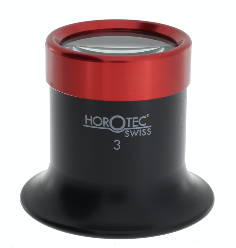 MONOCOLO DI PLASTICA NERA HOROTEC CON GHIERA AVVITATA IN ALLUMINIO, N° 3 = 3.5x / LENTE Ø 25 mm