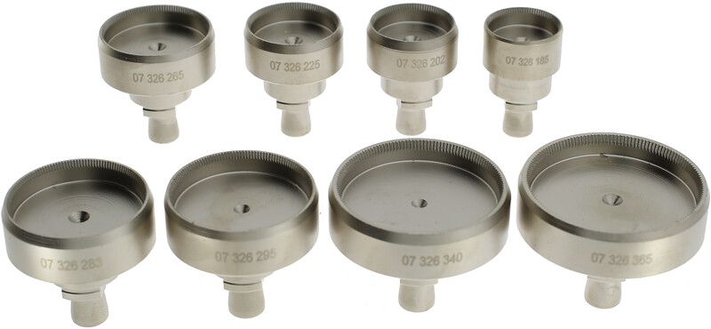 ASSORTIMENTO DI TASSELLI HOROTEC IN ACCIAIO PER APRIRE/CHIUDERE LE CASSE CON FONDI AVVITATI, 8 PEZZI / Ø 18.5 - 20.2 - 22.5 - 26.5 - 28.3 - 29.5 - 34.0 - 36.5 mm