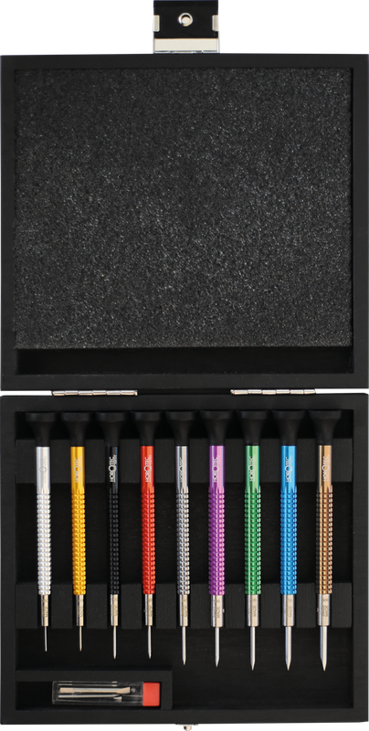 ASSORTIMENTO DI CACCIAVITI DA OROLOGIAIO IN ASTUCCIO LEGNO, 9 PEZZI + 9 PUNTE MSA01.215-x + 2 VITI MSA01.218-V