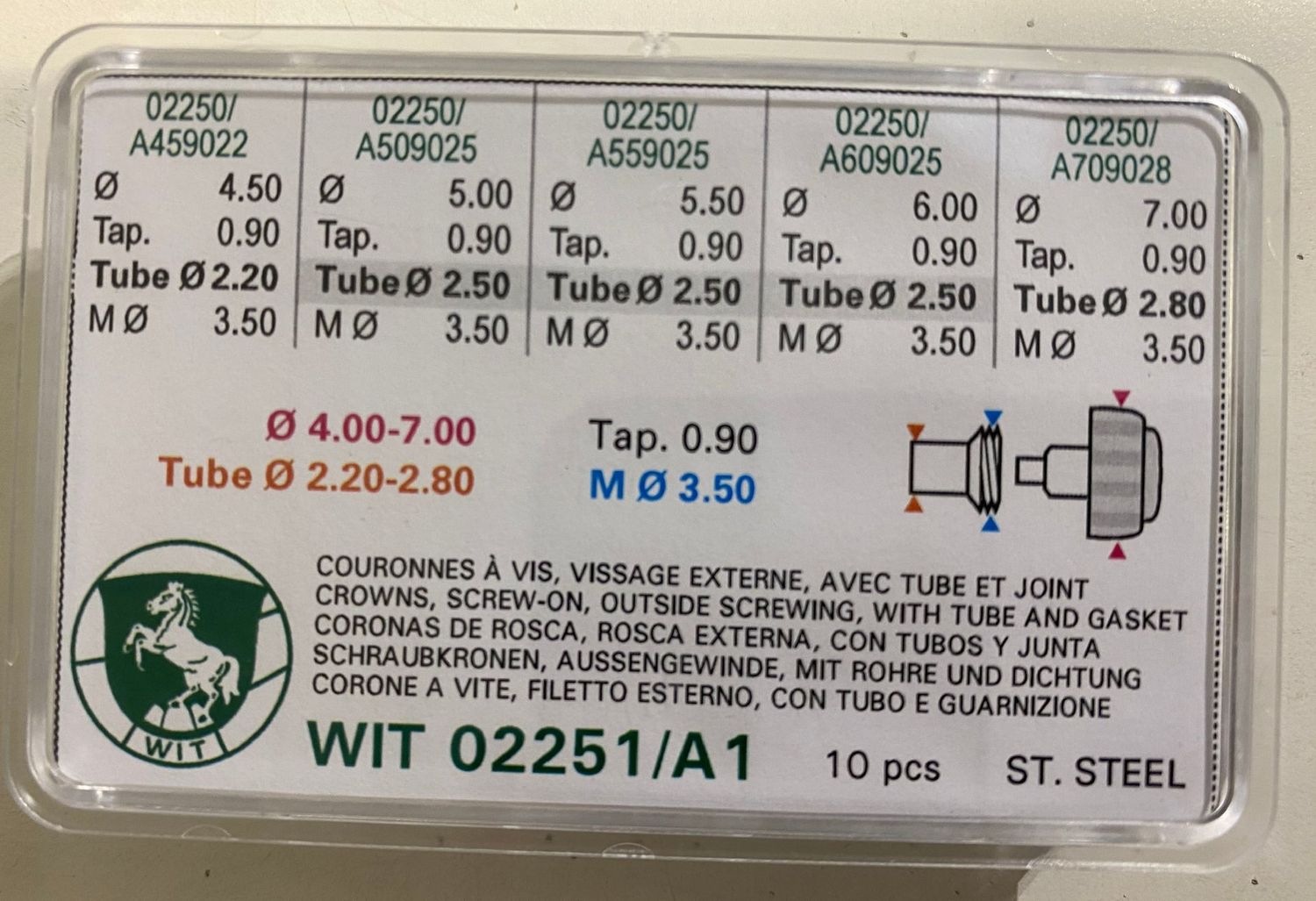 ASSORTIMENTO CORONE WITSCHI A VITE ACCIAIO, CON FILETTO ESTERNO, CON TUBO E GUARNIZIONE