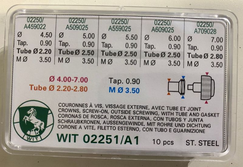 ASSORTIMENTO CORONE WITSCHI A VITE ACCIAIO, CON FILETTO ESTERNO, CON TUBO E GUARNIZIONE