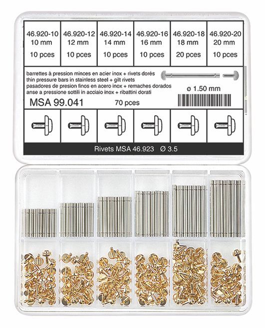 CONF.70 ANSE HOROTEC ACCIAIO A PRESSIONE CON RIBATTINI DORATI DIAM.MM 1,50 MM.