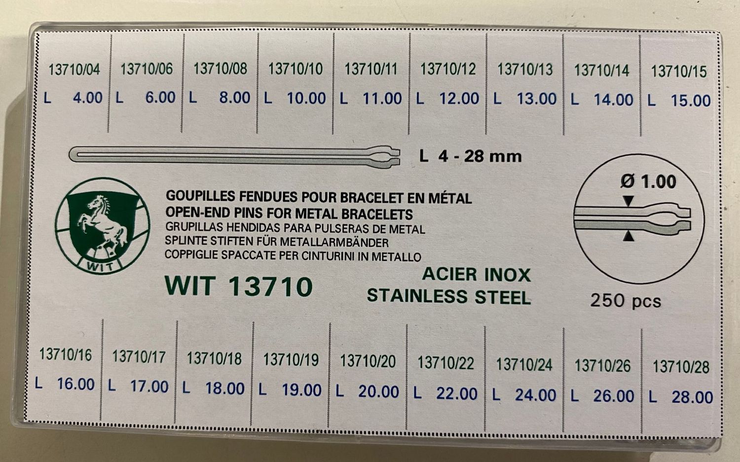 ASSORTIMENTO 250 COPPIGLIE APERTE DIAMETRO 1,00 MM.