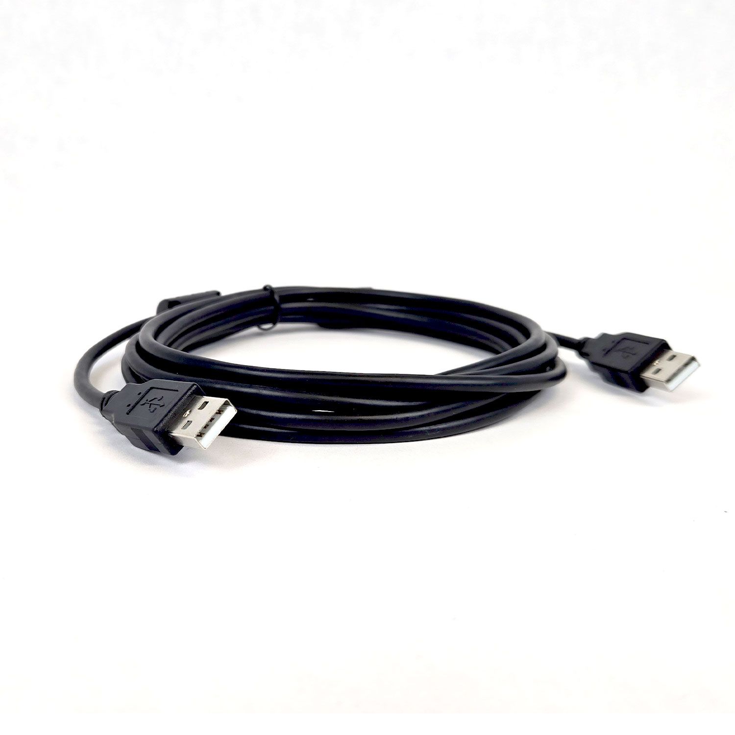coiled black USB cable with a USB-A plug on each end, lying on a white background