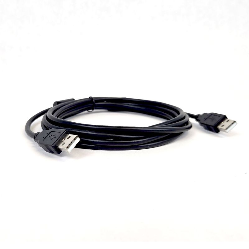 coiled black USB cable with a USB-A plug on each end, lying on a white background