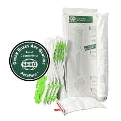SEBO Service Box X7/X8 (22-piece carton), 8 bags, microfilter, exhaust filter, and sealing strip