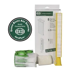 SEBO HEPA Service Box X4/X5, X1/X2 (1 piece), 8 bags, HEPA microfilter, and exhaust filter