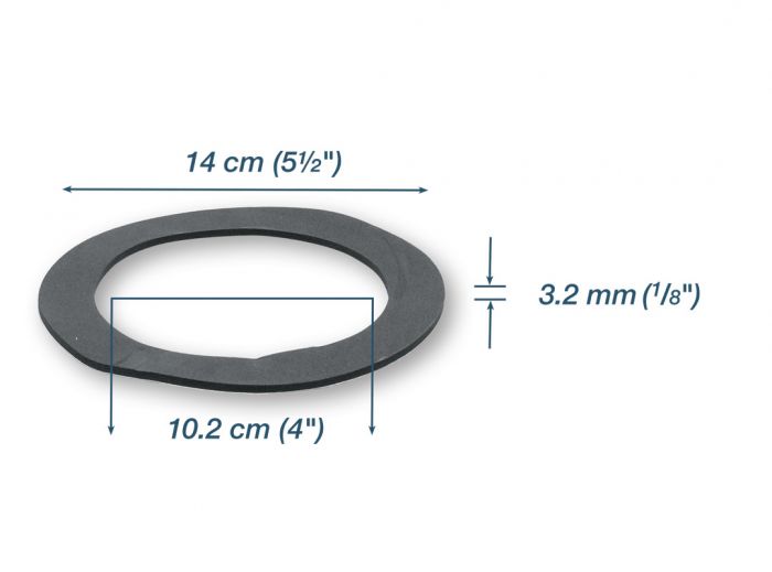 Motor gasket - 5.5 in (14 cm) outside diameter - 4 in (10.2 cm) inside diameter - 1/8 in (3.2 mm) thick Motor gasket - 5.5 in (14 cm) outside diameter - 4 in (10.2 cm) inside diameter - 1/8 in (3.2 mm) thick