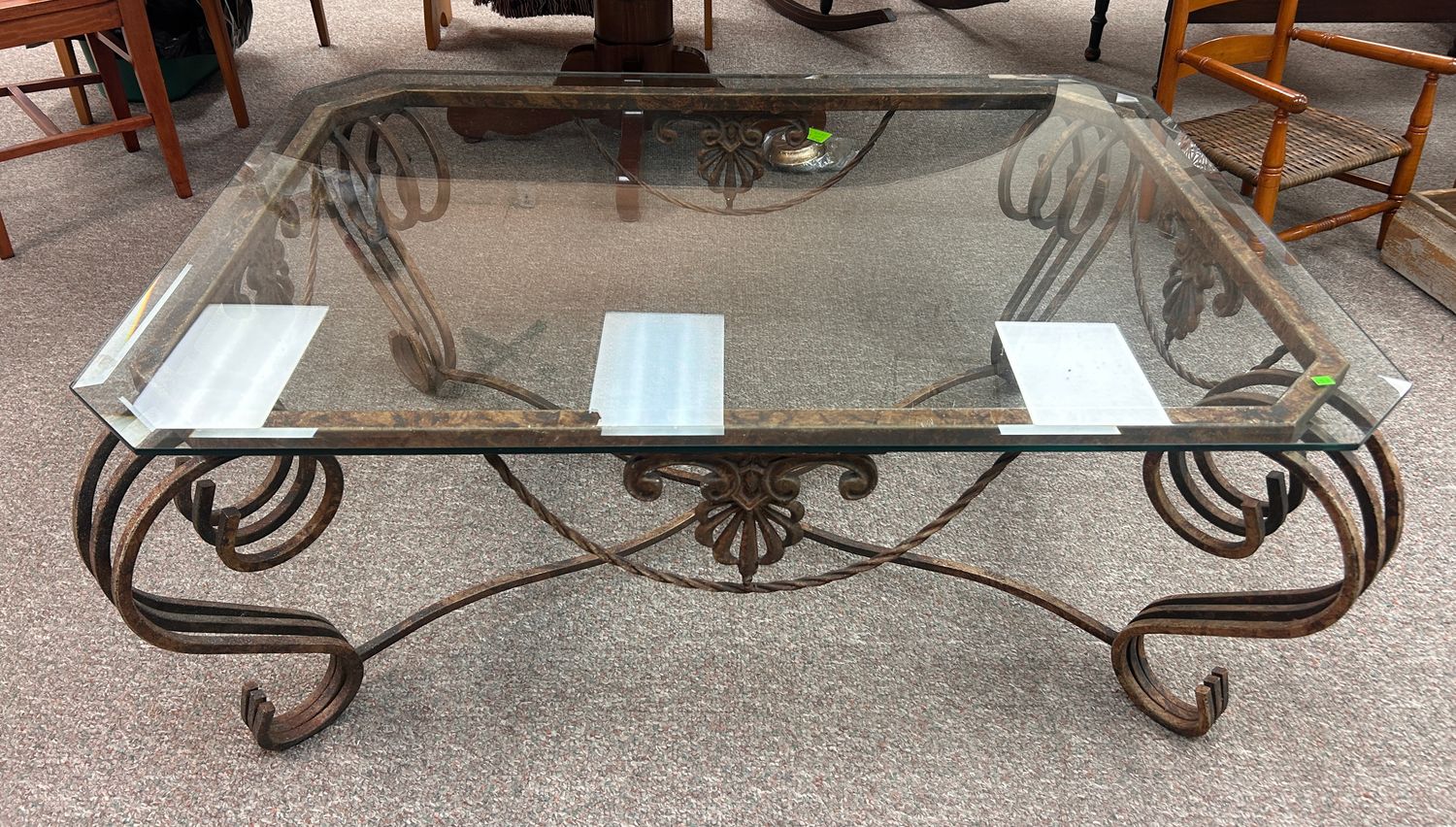 Wrought Iron & Glass Coffee Table with Scrolled Base