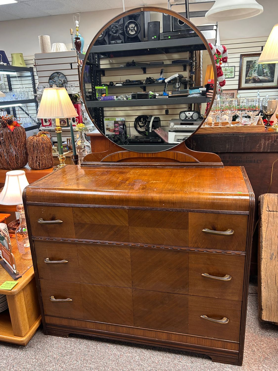 Waterfall Dresser with Round Mirror