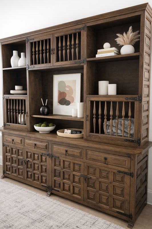 Vintage Spanish Revival Brutalist Oak Hutch
