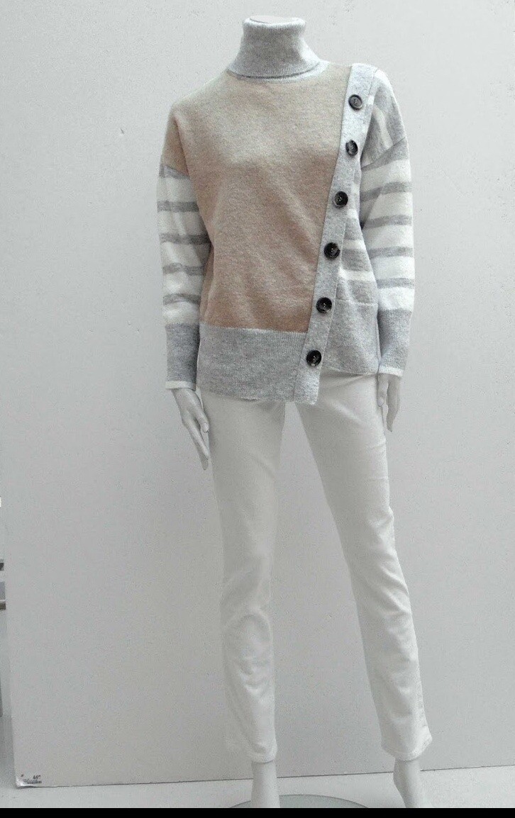 Grey/Beige Colour Block Sweater with Button Detail