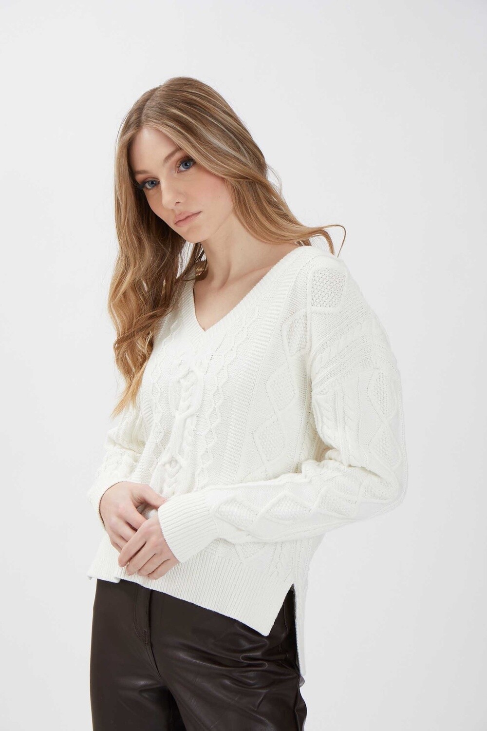 Ivory Cable V-neck Sweater