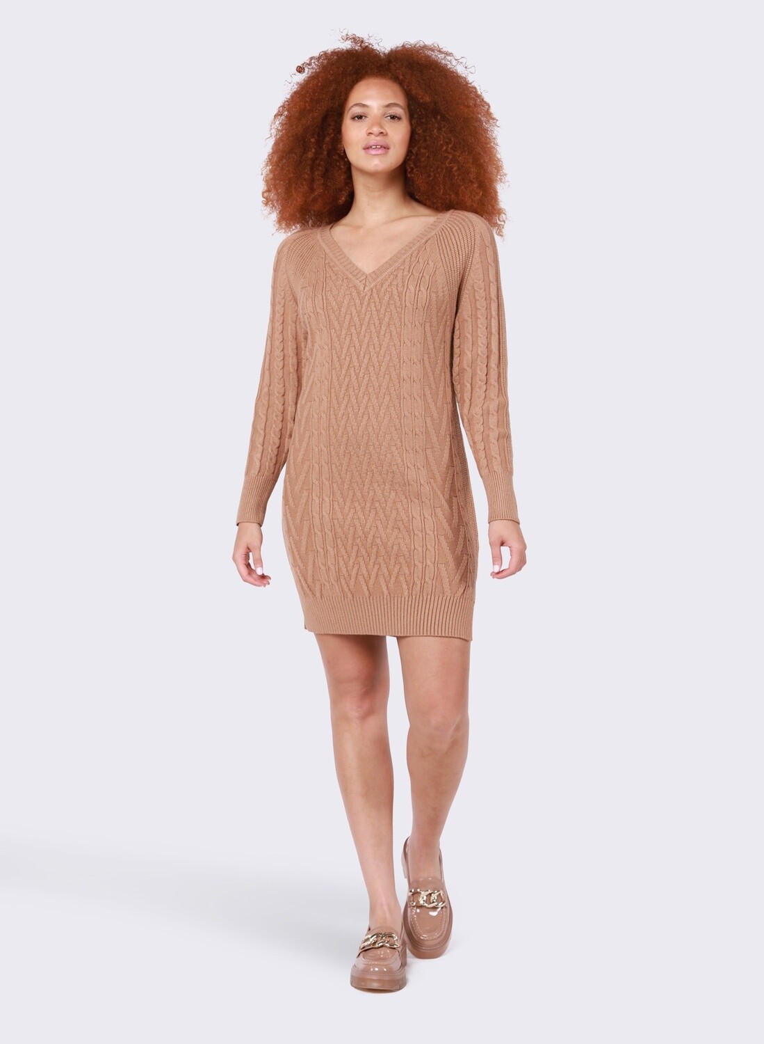 Camel Cable Knit Sweater Dress