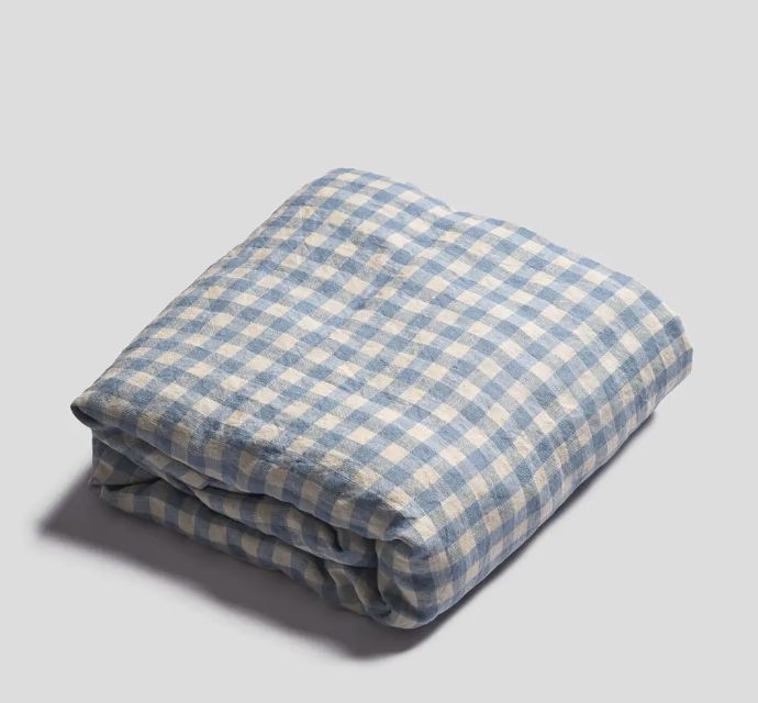 French Flax / Linen  Fitted Sheet:  Warm Blue Gingham