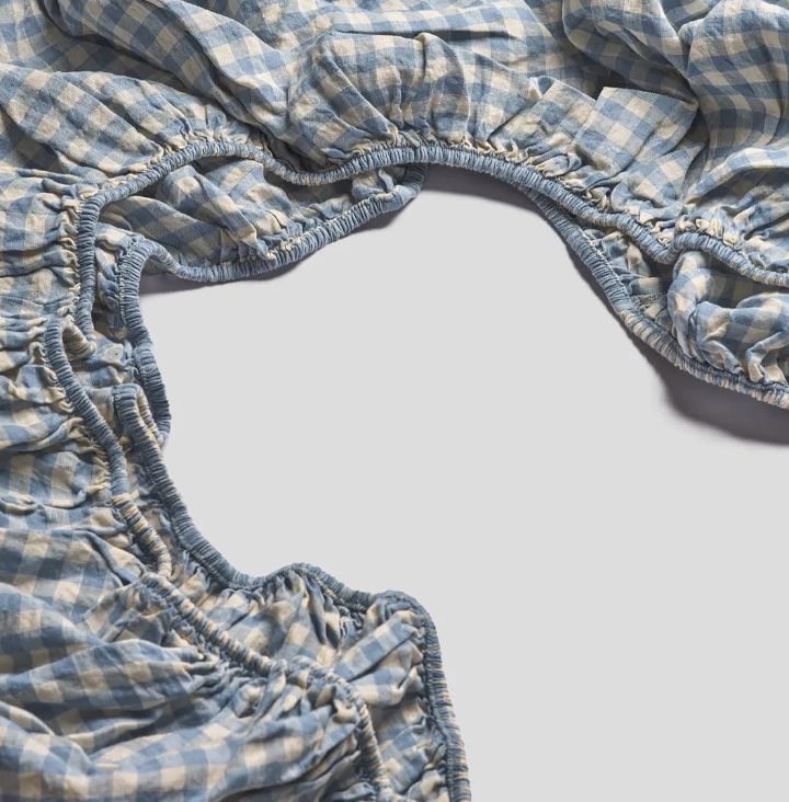 French Flax / Linen  Fitted Sheet:  Warm Blue Gingham