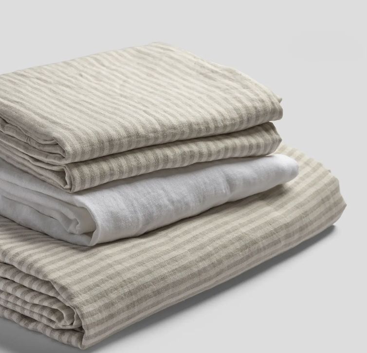 French Flax / Duvet Linen Bundle:  Oatmeal Stripe, Size: King