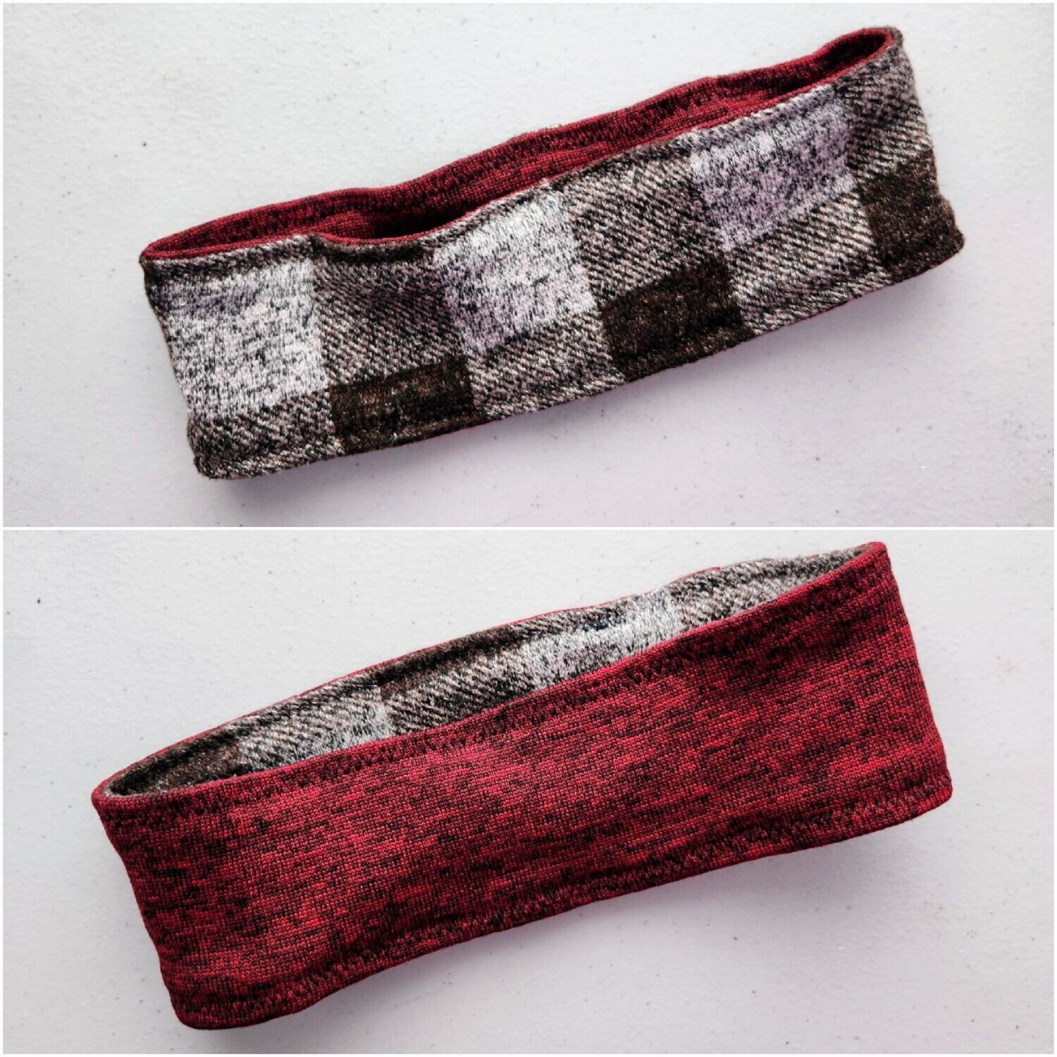 Small Ear Warmer Headbands, Handmade, Color: Brown Buffalo Checks/Red