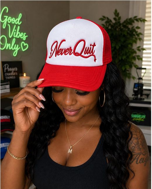 Never Quit Embroidered Trucker Hat | Motivational Mesh Snapback Cap | Inspirational Baseball Hat | Adjustable Unisex Gift
