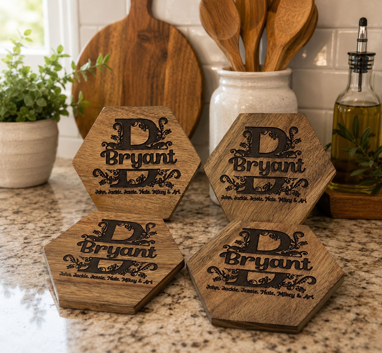 Personalized Wooden Family Coasters – Custom Last Name &amp; Initial Hexagon Coaster Set