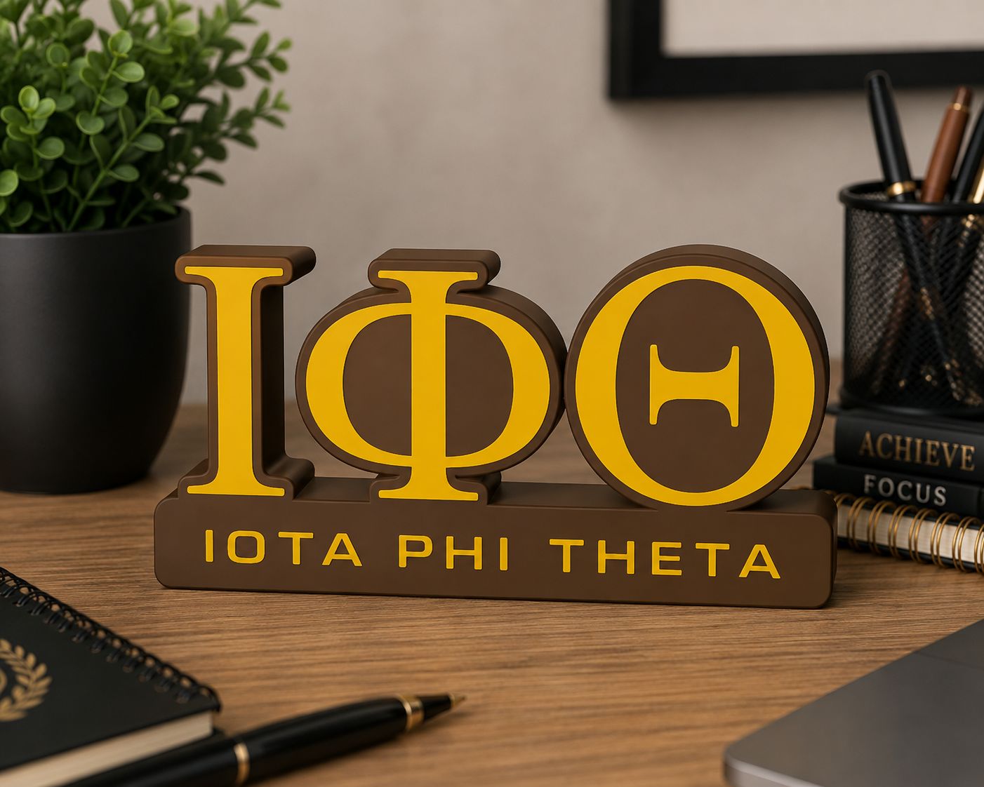 Iota Phi Theta Desk Sign – ΙΦΘ 3D Printed Fraternity Decor – Brown &amp; Gold Greek Letter Display – Iota Fraternity Gift